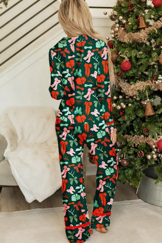 Bow Button-Up Top and Pants Pajama Set