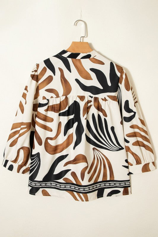 Abstract V-neck Puff Sleeve Blouse