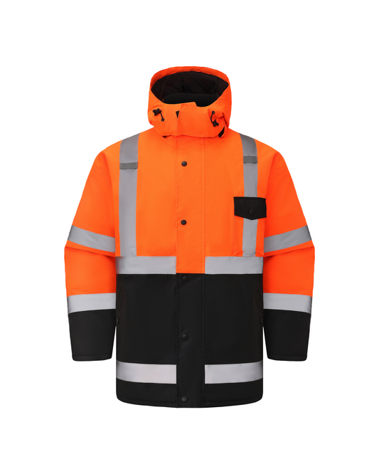 Kiwi High Visibility Hooded & Quilt Lined ANSI/ISEA 107-2020, Type R, Class 3 Two Tone Water Resistant Orange Safety Jacket [R71400]