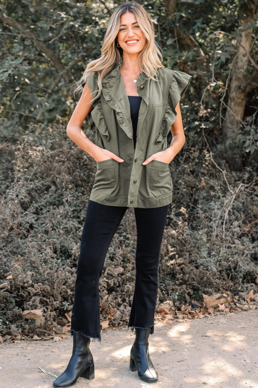 Denim Patchwork Ruffle Sleeve Jacket Vest