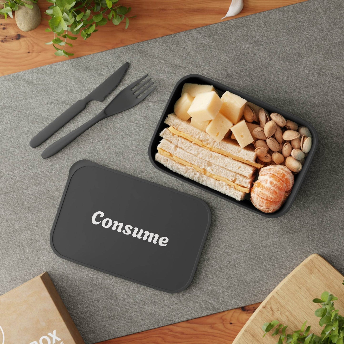 Eco-Friendly Bento Box for Meal Prep - 'Consume' Design with Utensils