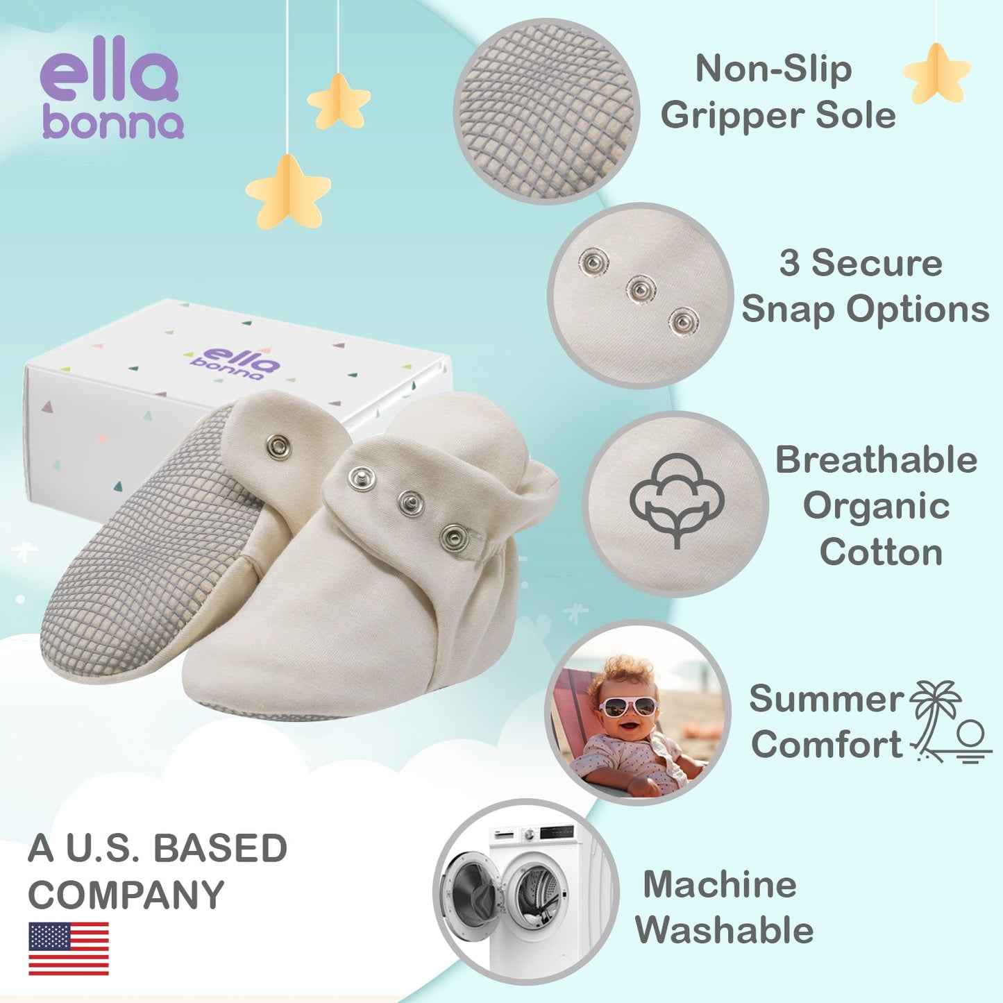 Organic Cotton Baby Booties, Non-Slip Sole, Cotton Newborn Booties Home Nursery Shoes, Snowball