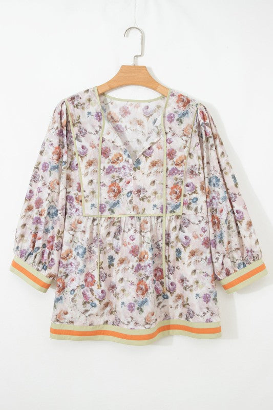 Plus Size Floral Stripe Contrast Trim Babydoll Blo