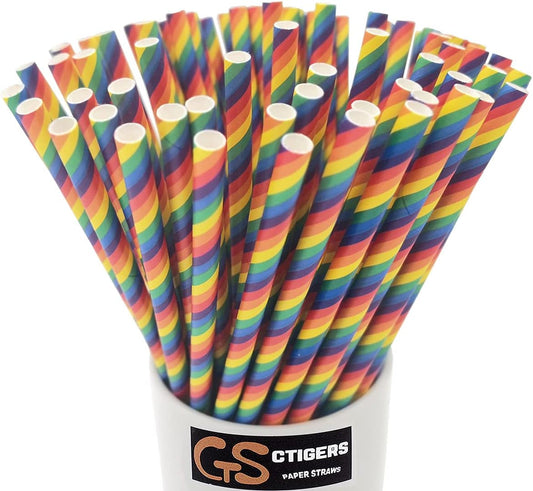 Rainbow Paper Straws for Wedding Party Summmer Party Beach Cocktail Baby Shower Biodegradable Drinking Straws Box of 100