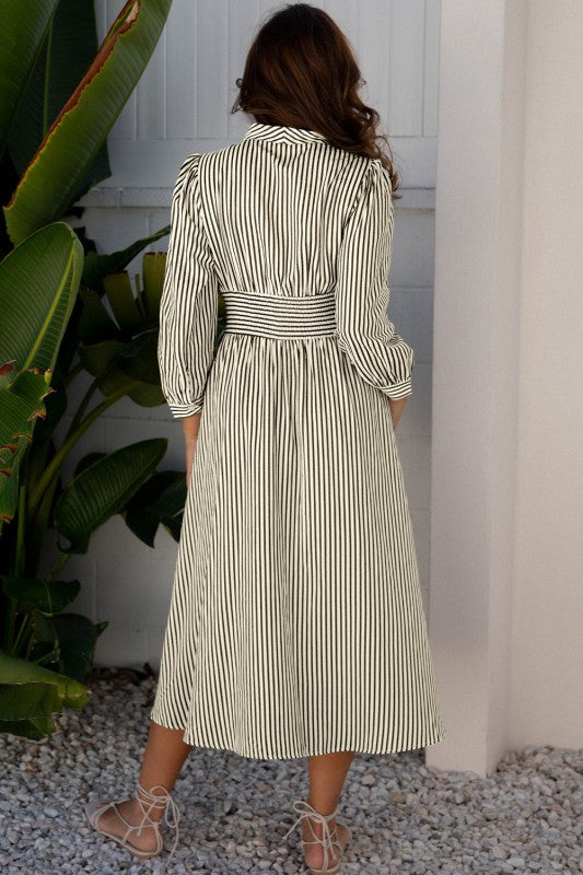 Stripe V-Neck Zip Front Midi Dress