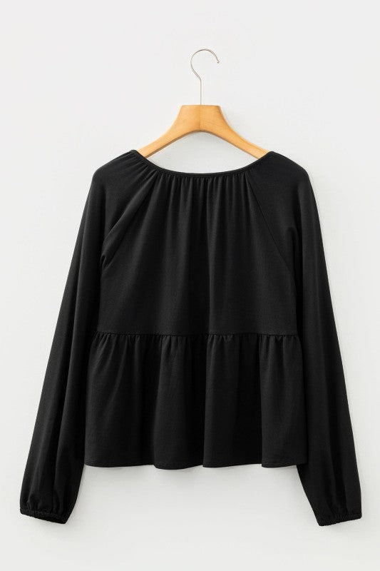 Solid Smocked Split V-Neck Buttoned Blouse