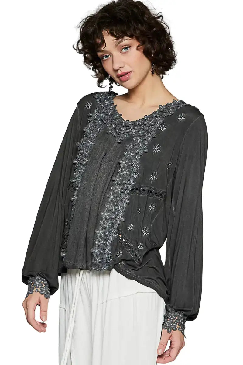 POL Floral Embroidery Woven Top with Lace Trim