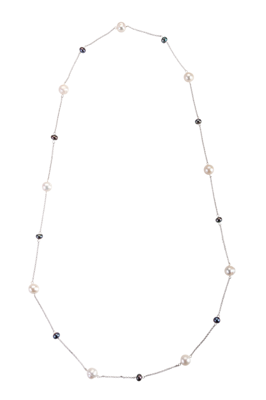 Black and white pearl rope necklace on stainless