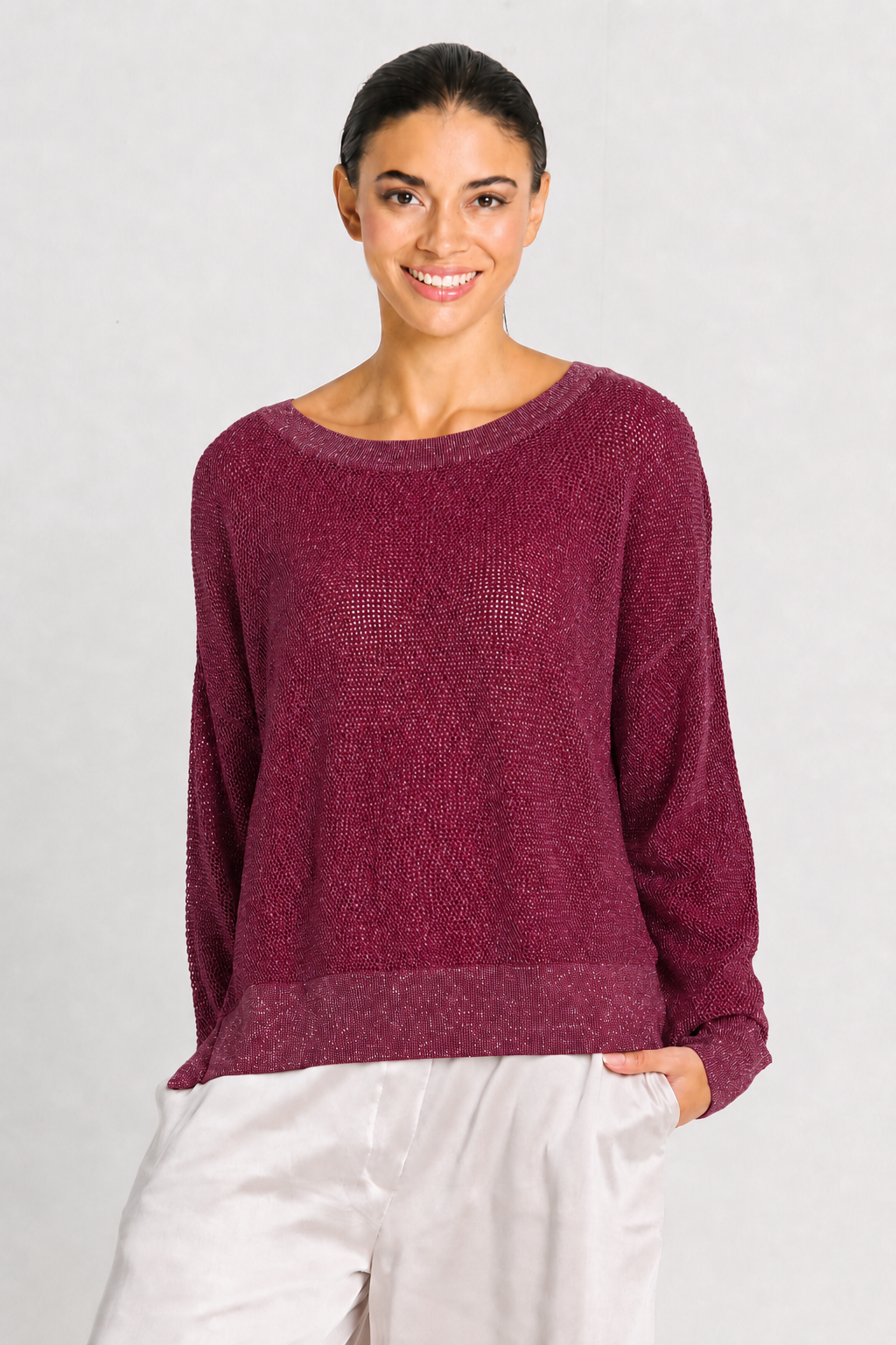 Pima Cotton Metallic Mini Seed Stitch - Crimson/Silver