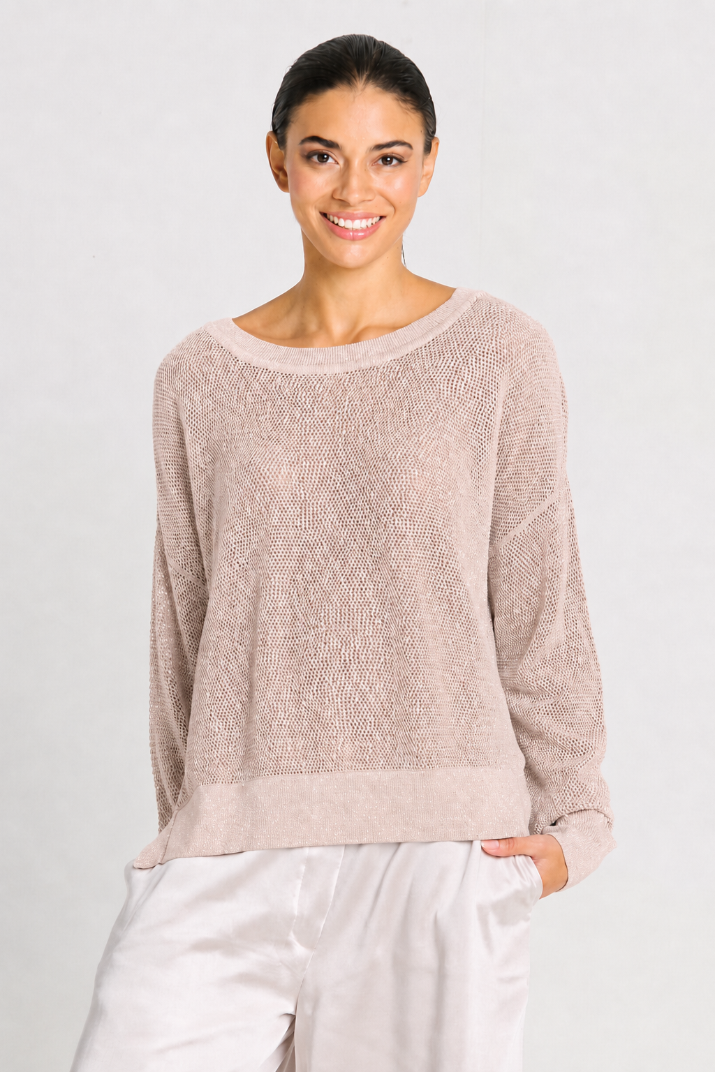 Pima Cotton Metallic Mini Seed Stitch - Blush/Silver