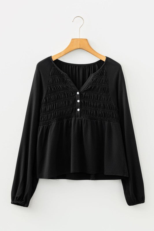 Solid Smocked Split V-Neck Buttoned Blouse