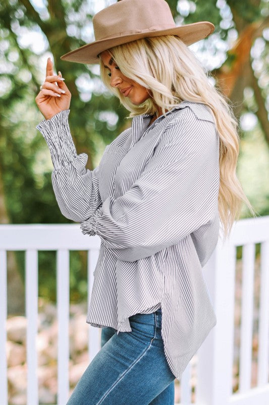 Stripe Smocked Long Sleeve Button-Up Shirt