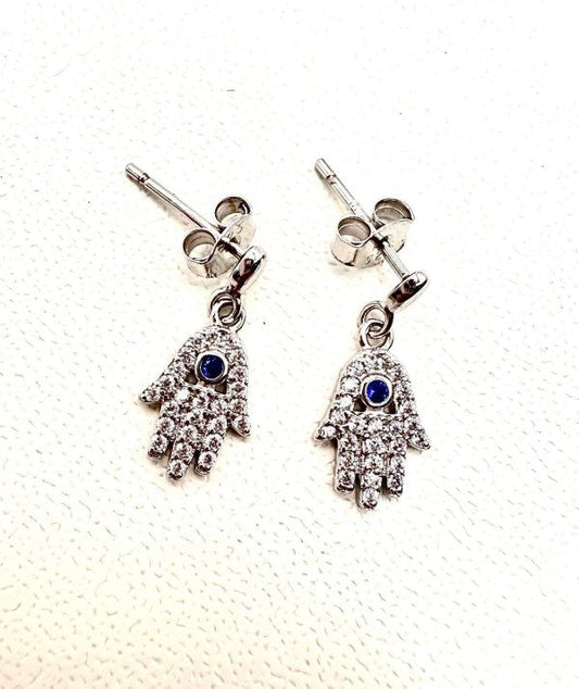Hamsa Drop Earrings with Blue Crystal