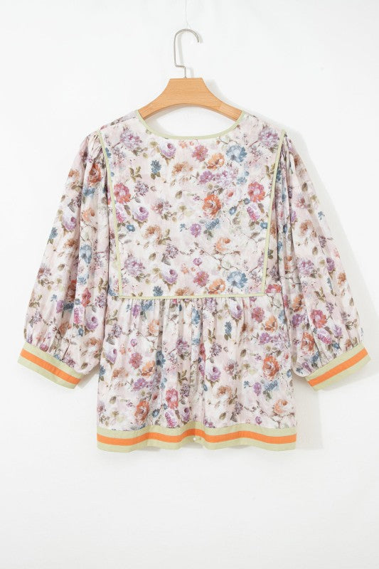 Plus Size Floral Stripe Contrast Trim Babydoll Blo