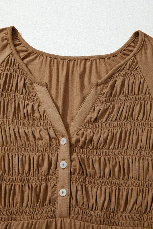 Solid Smocked Split V-Neck Buttoned Blouse