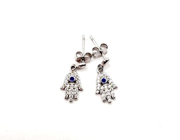 Hamsa Drop Earrings with Blue Crystal