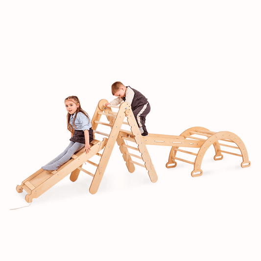 4in1 Montessori Climbing Set: Triangle Ladder + Climbing Arch + Slide Board + Net – Beige