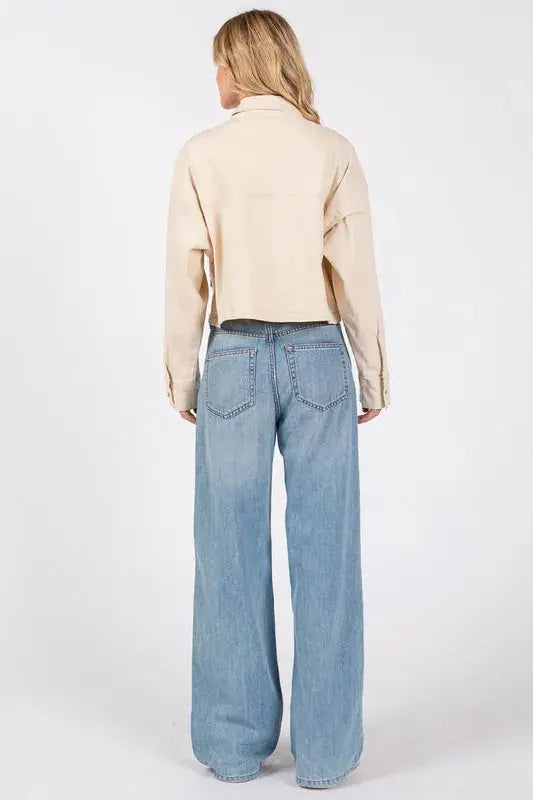 Denim Jacket - Cropped Button Down with Pockets - Cream Women's