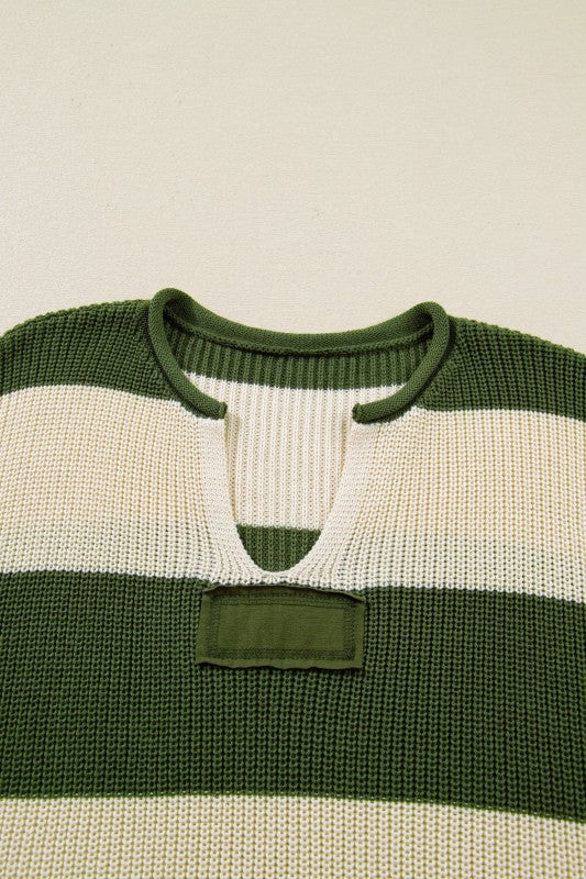 Plus Size Stripe Colorblock Notched Neck Sweater