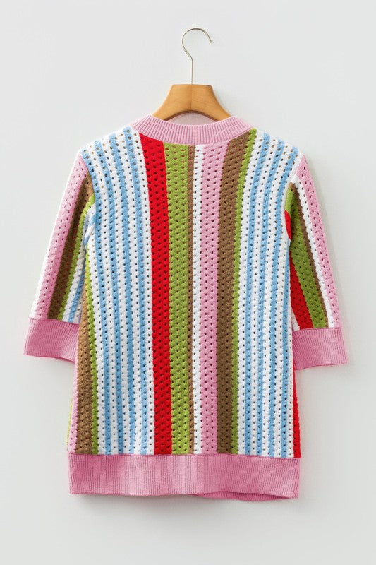 Stripe Pointelle Knit 3/4 Sleeve Sweater