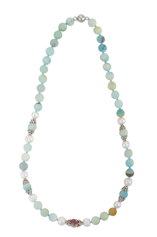 Amazonite, pearl, and silver necklace