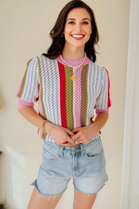 Stripe Pointelle Knit 3/4 Sleeve Sweater