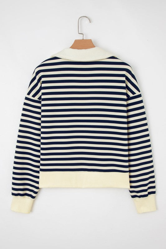 Stripe Collared V-Neck Long Sleeve Top