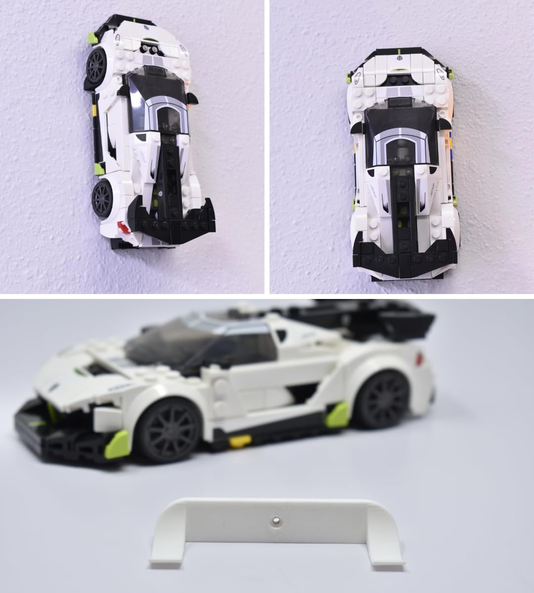 Low Profile Collectible Car Display Wall Mount | Compatible with Lego Car Models | Display Cars by Wheel on Wall | Made in USA (White 3-Pack)