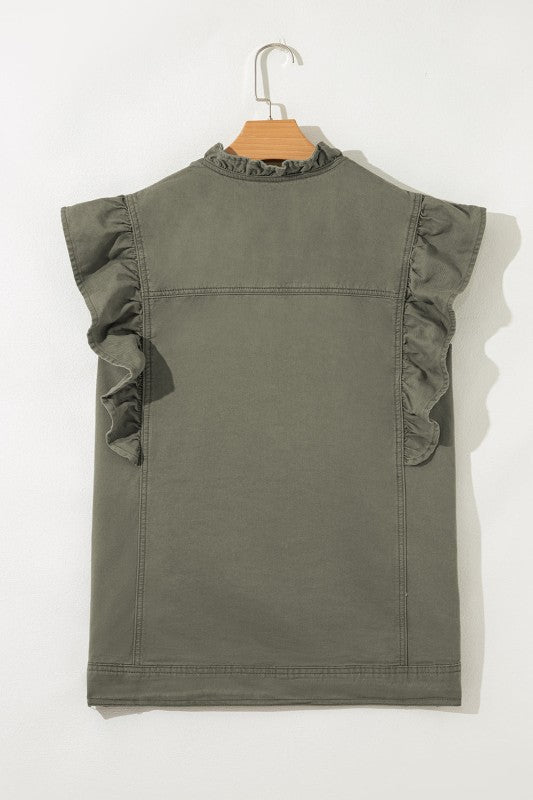 Denim Patchwork Ruffle Sleeve Jacket Vest