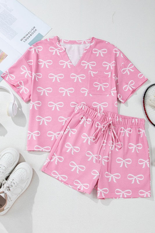 Bow Waffle Knit T-Shirt and Shorts Set