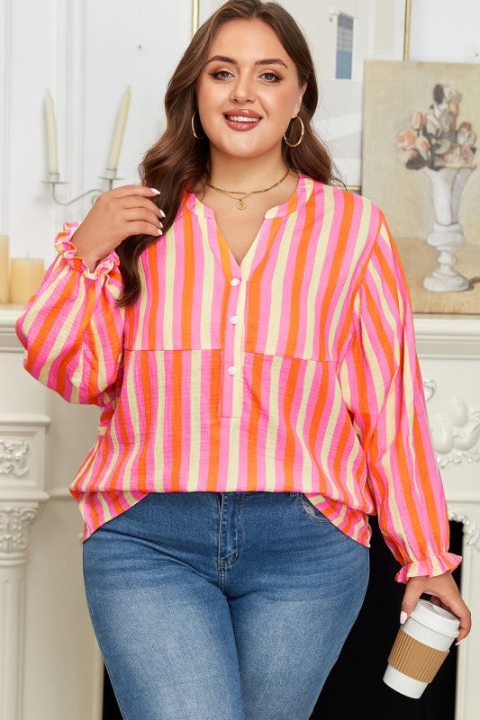 Plus Size Stripe Crinkled Half-Button Blouse