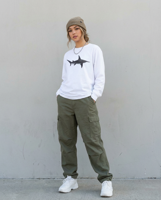 Hammerhead Shark Cruising, Moss Apparel, Shark Style, Airlume Cotton, Long Sleeve T-Shirt