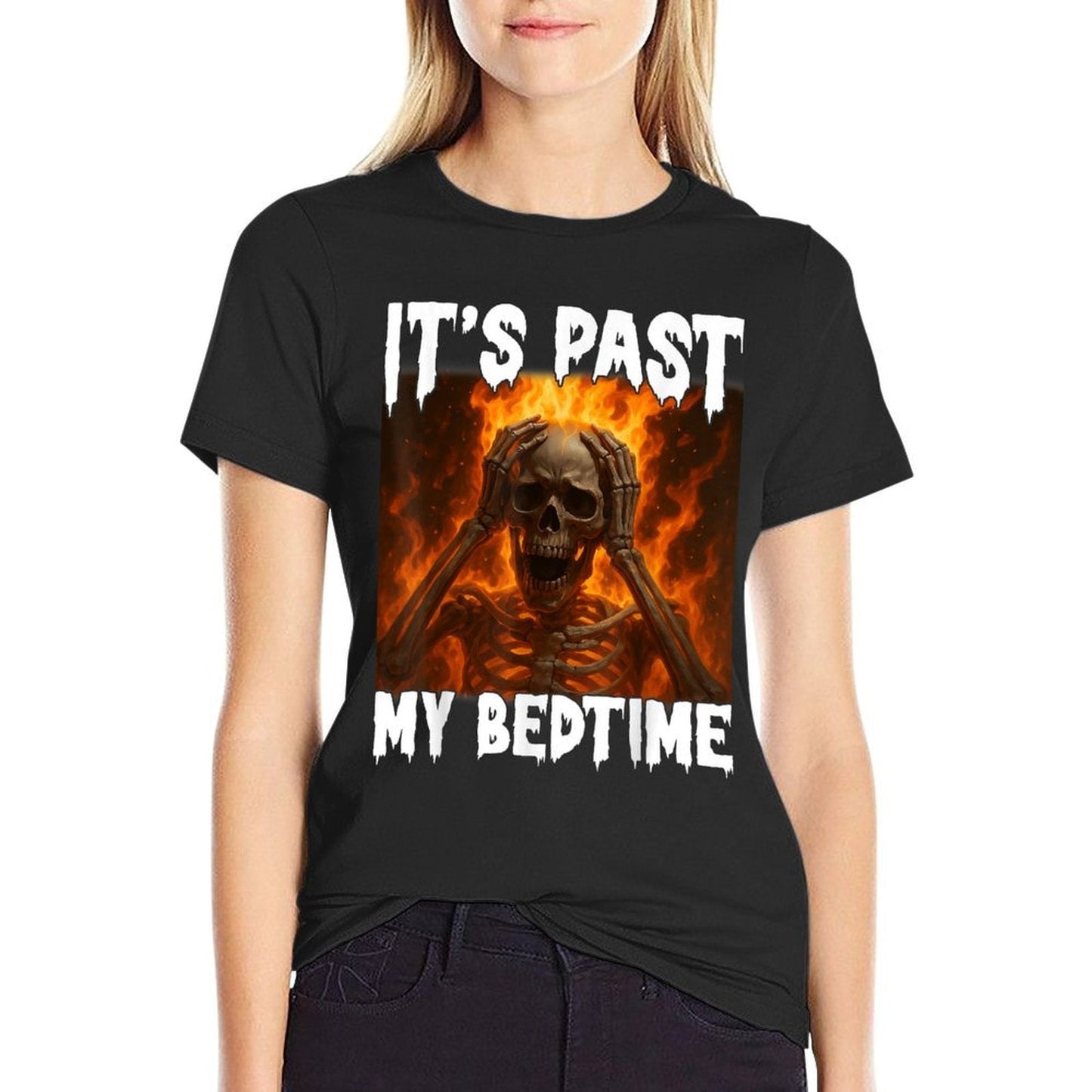 Funny Skeleton Meme Flames Its Past My Bedtime Ironic Tired  Versatile T-Shirt