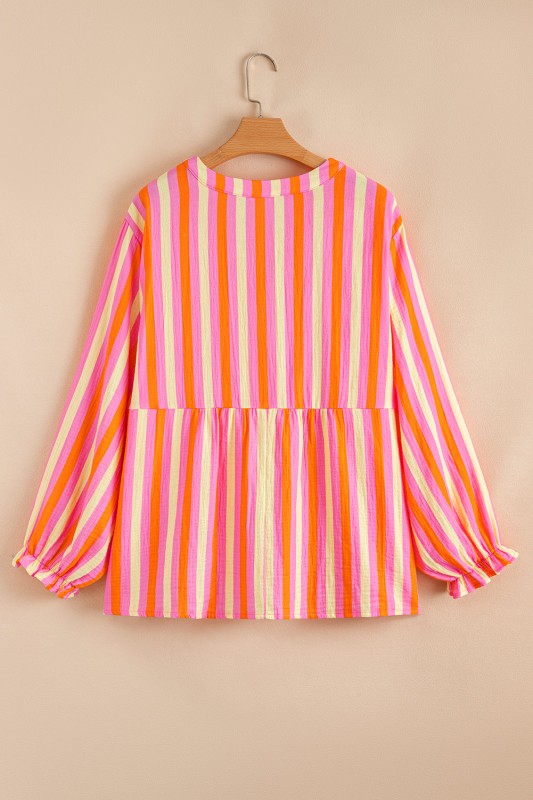 Plus Size Stripe Crinkled Half-Button Blouse