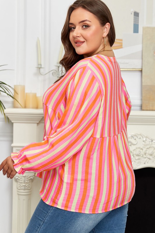 Plus Size Stripe Crinkled Half-Button Blouse