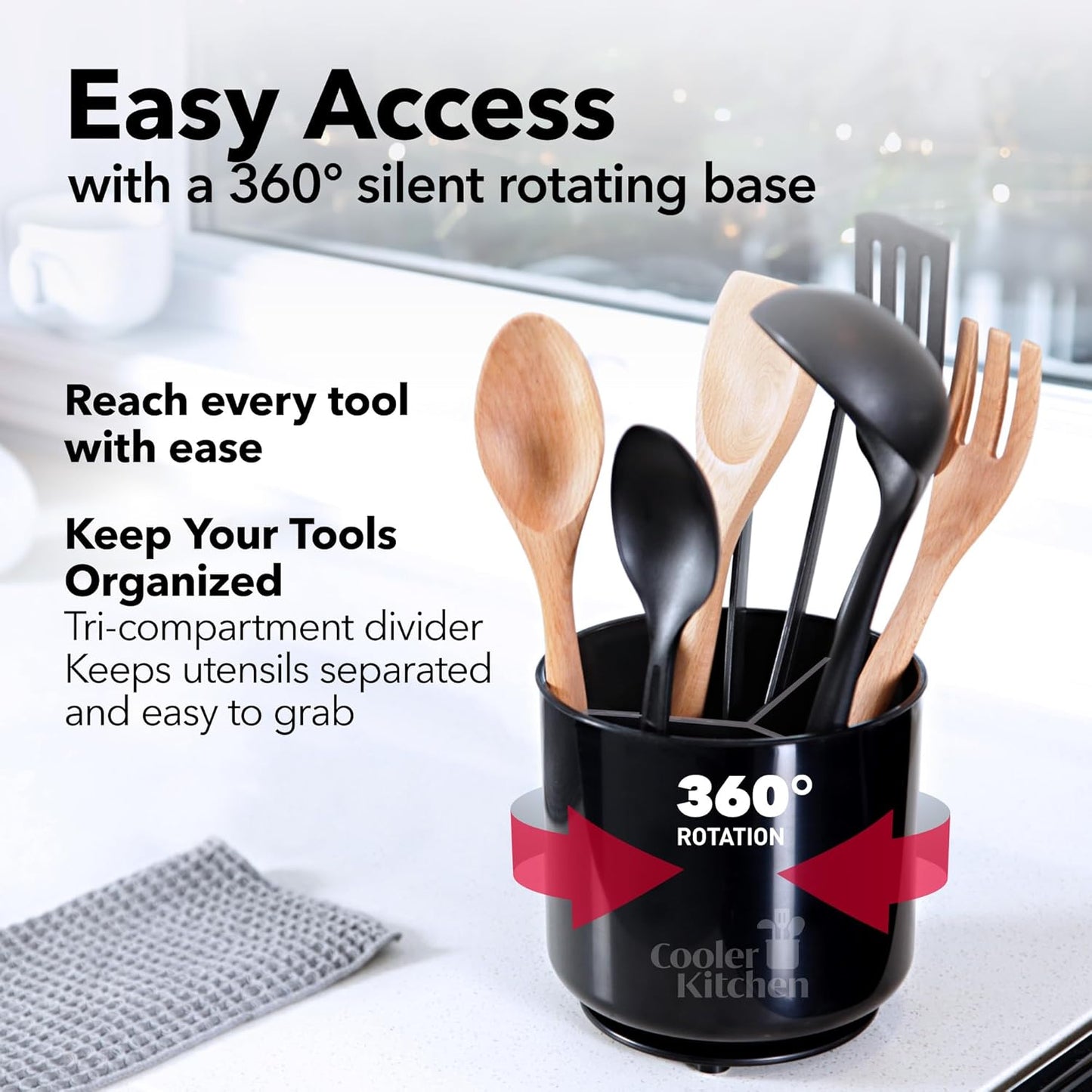 Cooler Kitchen Extra Large and Sturdy Rotating Utensil Holder Caddy with No-Tip Weighted Base, Removable Divider, and Gripped Insert | Rust Proof and Dishwasher Safe