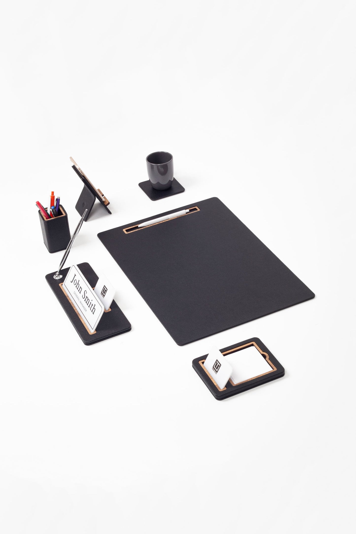 Cavalli Vertical Slatted Leather Desk Set Black 6 Pcs