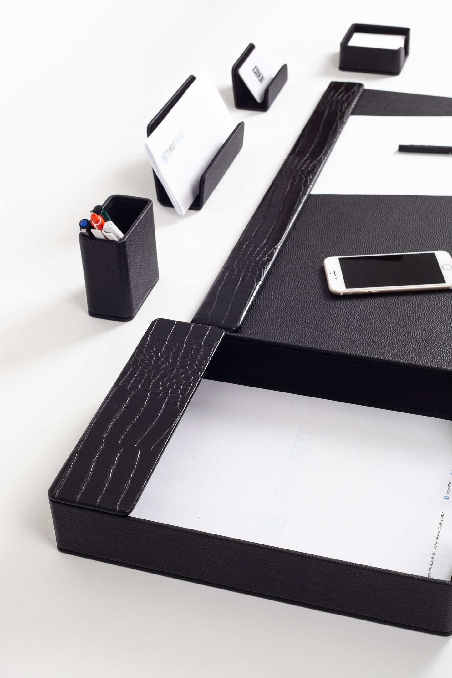 Loft Leather Desk Set Black 6 Pieces Horizontal Coroco Detailed