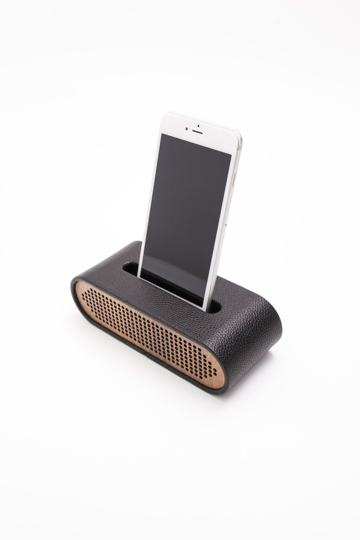 Leather Phone Holder Wooden Detail Sound Guided