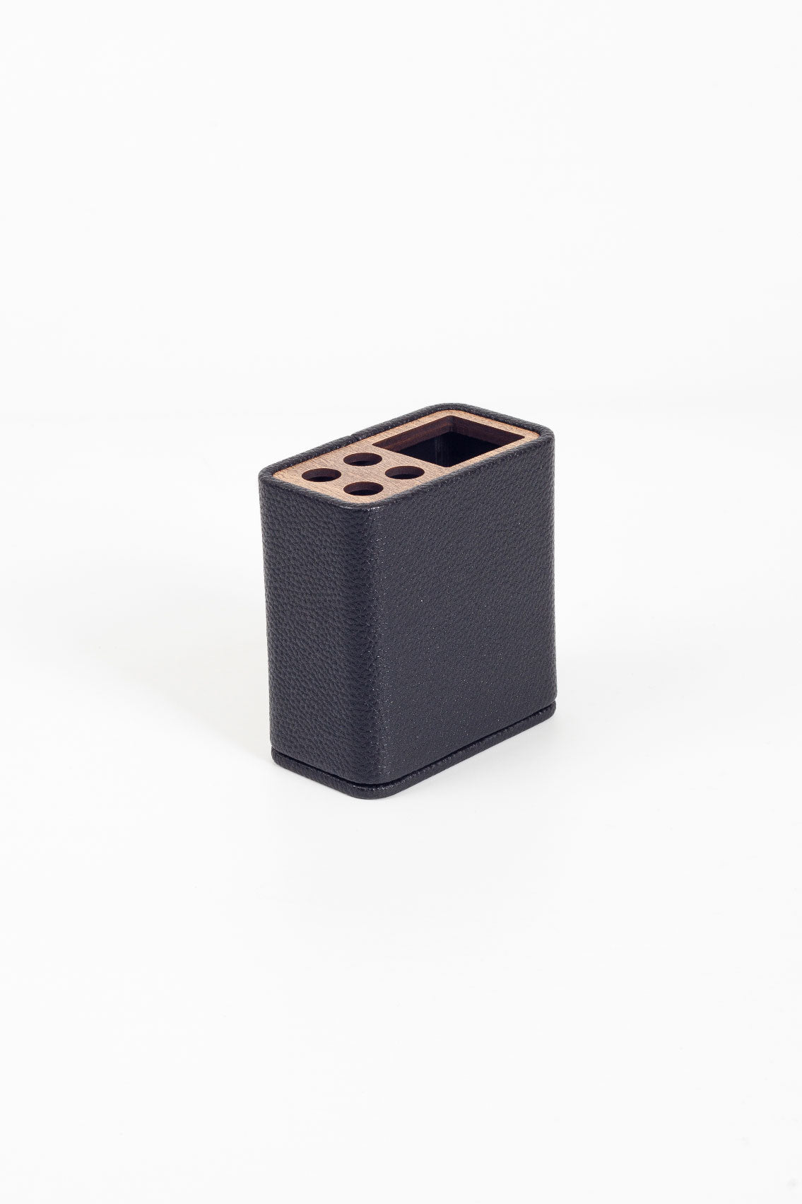 Desktop Leather Wood Detailed Pen Holder Black