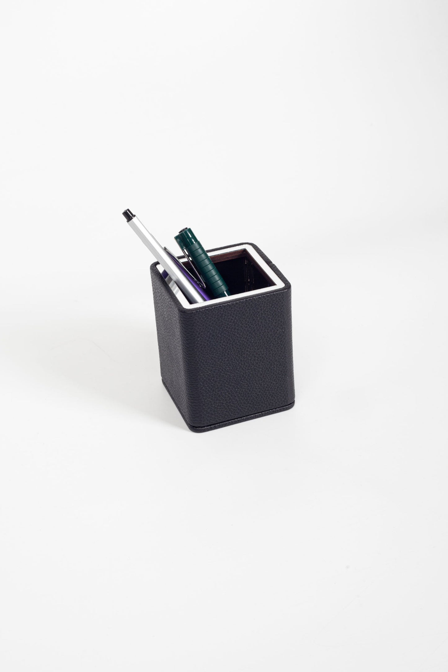 Desktop Square Chrome Detailed Pencil Holder Black