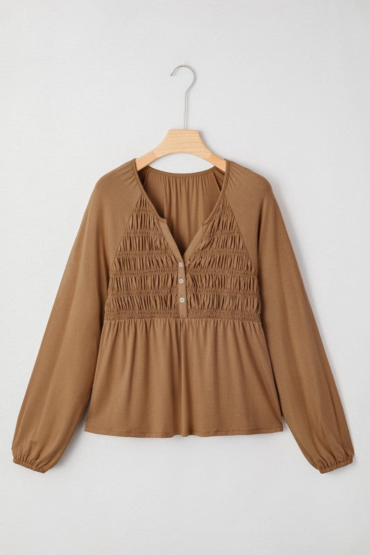 Solid Smocked Split V-Neck Buttoned Blouse