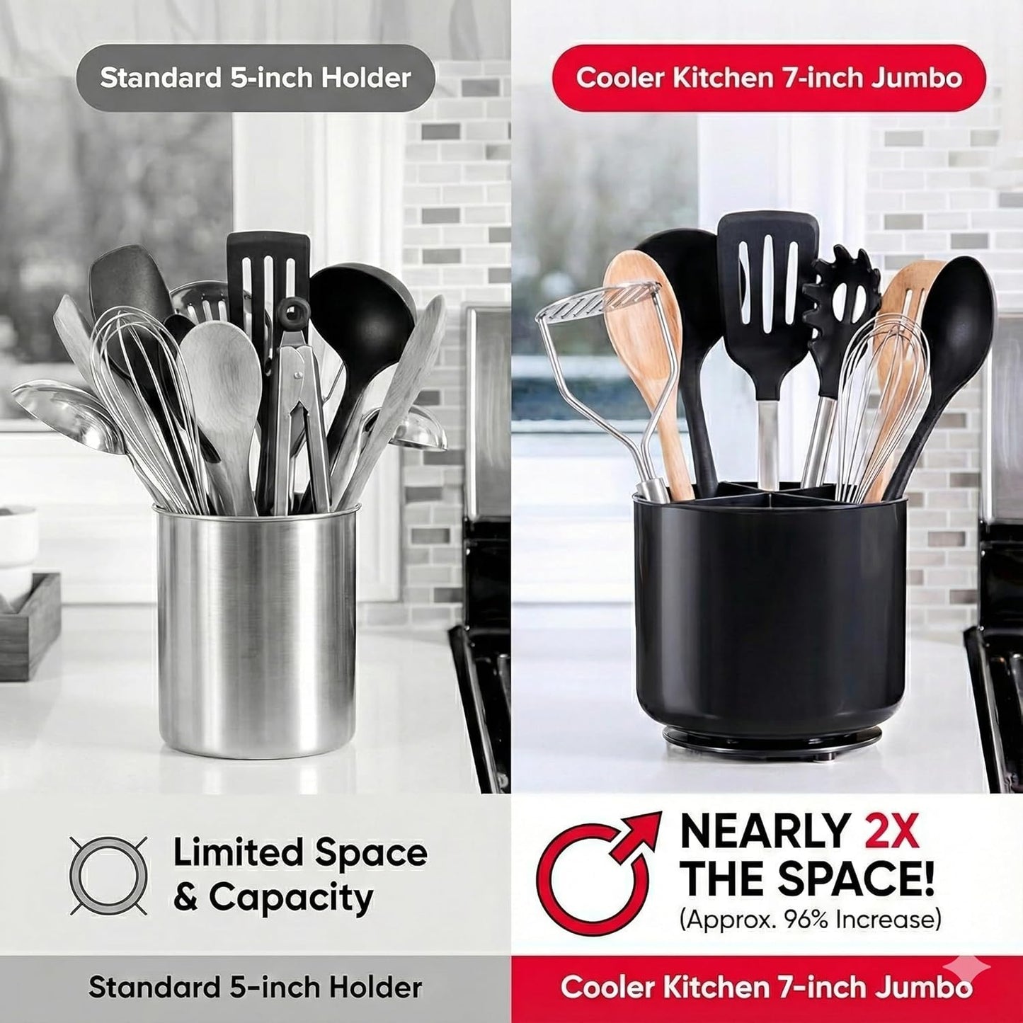 Cooler Kitchen Extra Large and Sturdy Rotating Utensil Holder Caddy with No-Tip Weighted Base, Removable Divider, and Gripped Insert | Rust Proof and Dishwasher Safe