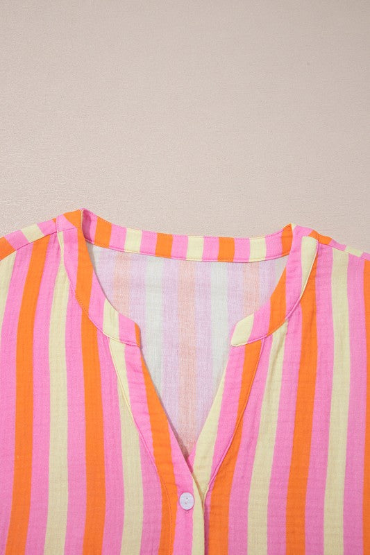 Plus Size Stripe Crinkled Half-Button Blouse