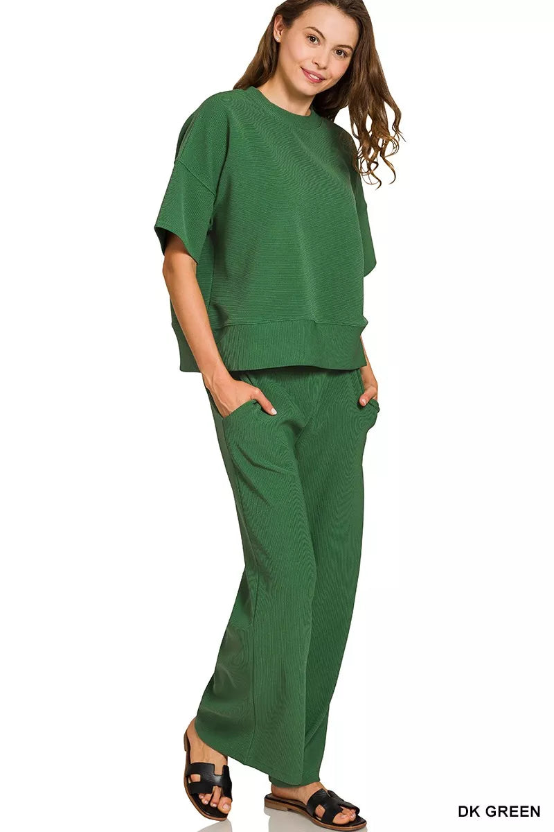 Zenana Ribbed Round Neck Tee & Pants Set