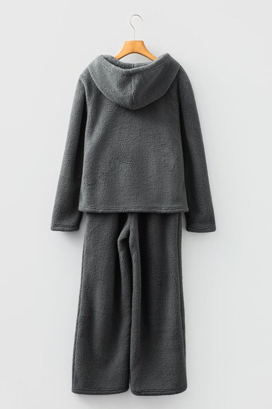 Fuzzy Drawstring Hoodie and Pants Lounge Set