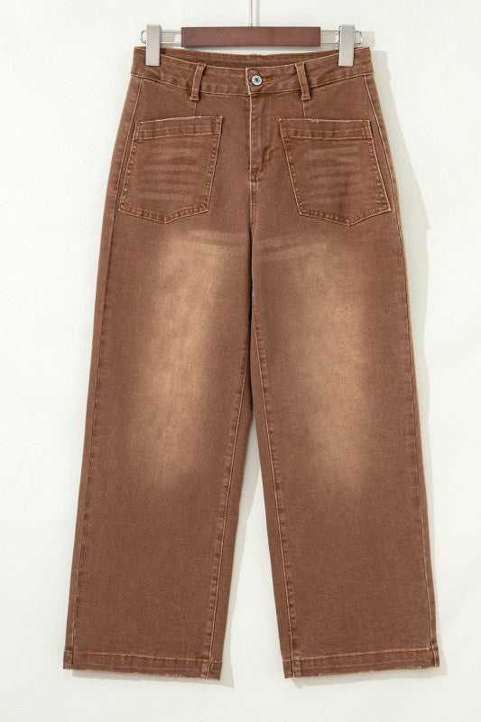 Denim High Waist Patch Pocket Straight Leg Jeans