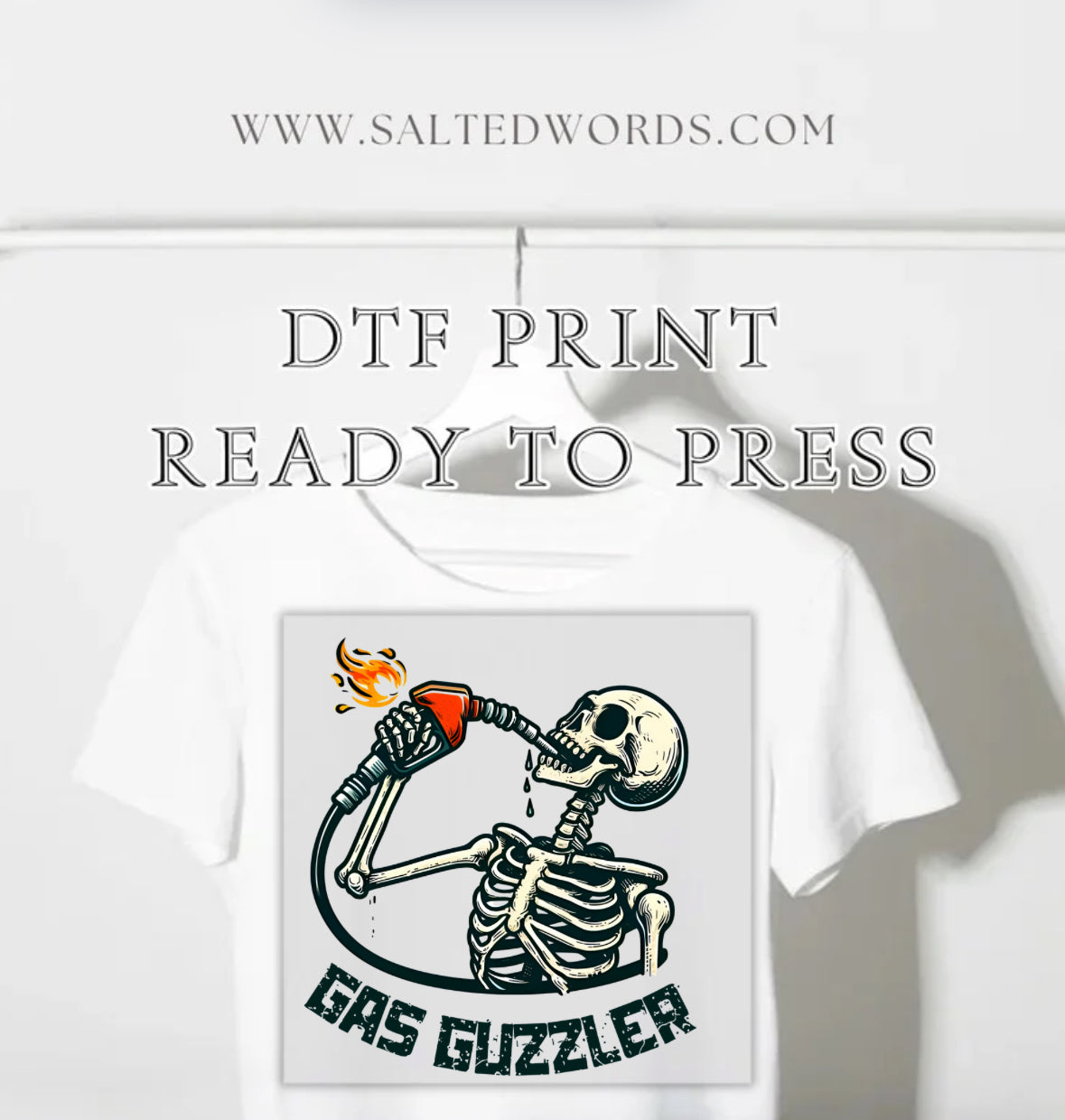 Gas guzzler skeleton fire DTF print