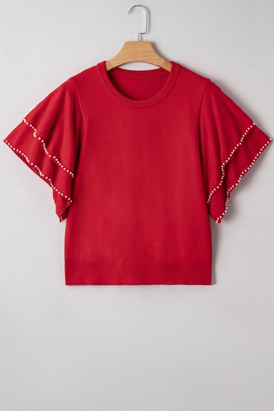 Solid Pearl Embellished Ruffle Sleeve Sweater