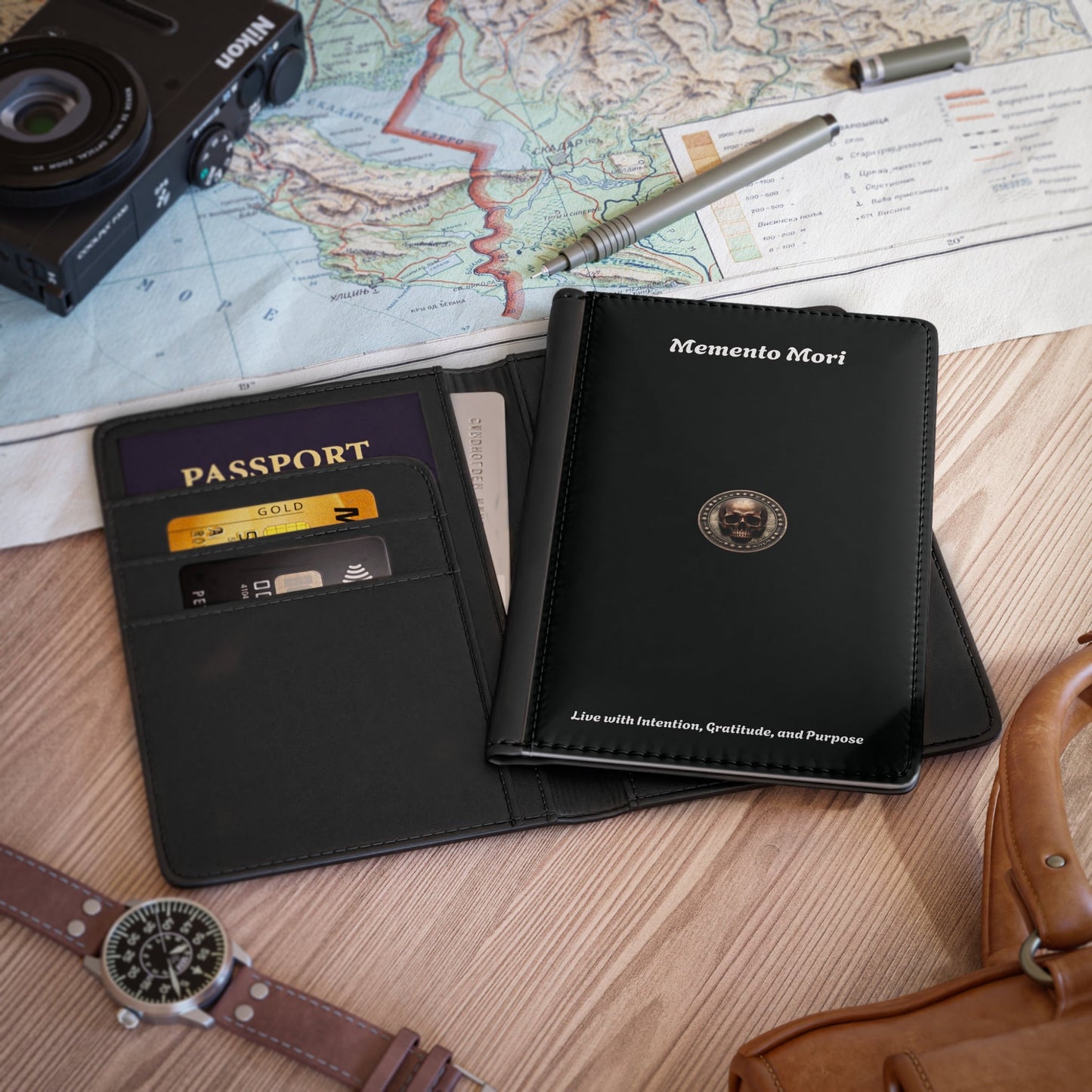 "Memento Mori" Passport Cover - "Live with Intention, Gratitude, and Purpose"
